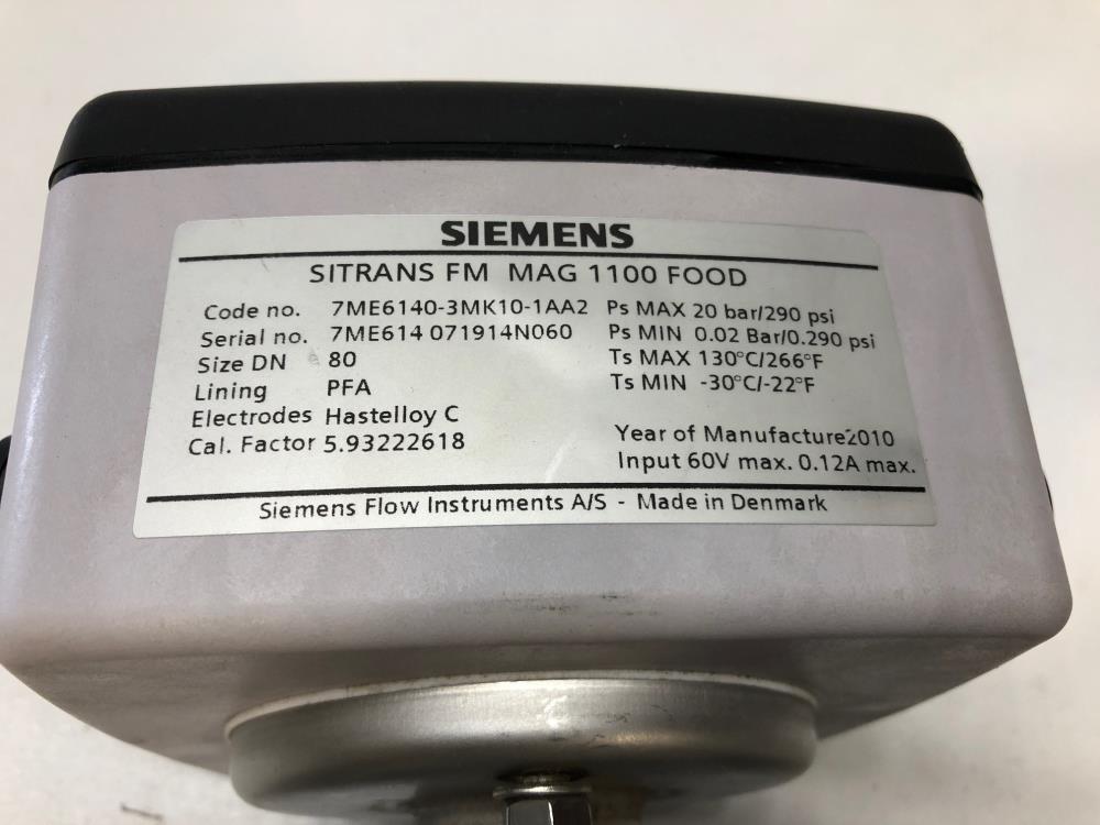 Siemens Sitrans FM MAG 1100 FOOD Sanitary Electro Flow Sensor 7ME6140-3MK10-1AA2